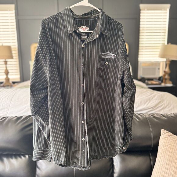 Harley-Davidson Men’s XL Black Pinstripe Button up  Shirt Cotton Embroidered - Picture 1 of 8